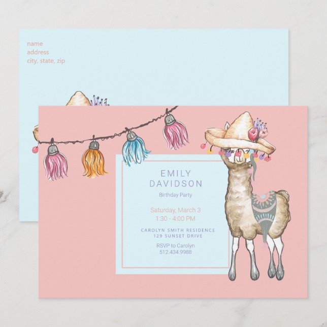 Boho Llama Girl Birthday Party Einladung (Vorne/Hinten)