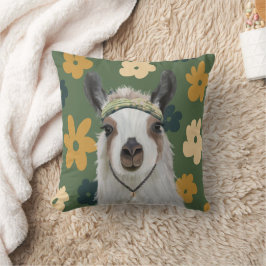 Boho Llama Green Retro Blume Kissen
