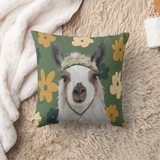 Boho Llama Green Retro Blume Kissen (Decke)