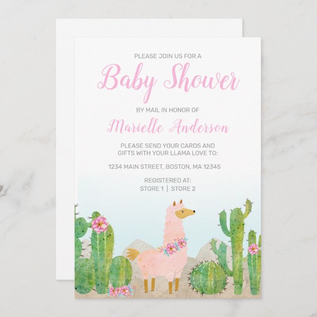 Boho Llama Pink Watercolor Babydusche von Mail Einladung (Vorne/Hinten)