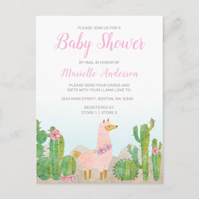 Boho Llama Pink Watercolor Babydusche von Mail Postkarte (Vorderseite)