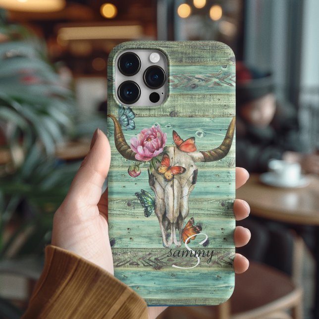 Boho Longhorn Schädel Blumen Monogramm Case-Mate iPhone Hülle (Von Creator hochgeladen)