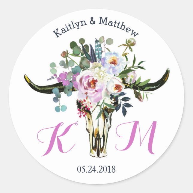 Boho Longhorn Skull Floral Modern Wedding Label Runder Aufkleber (Vorderseite)