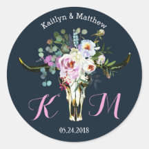 Boho Longhorn Skull Floral Modern Wedding Label