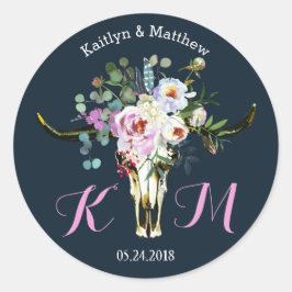 Boho Longhorn Skull Floral Modern Wedding Label Runder Aufkleber