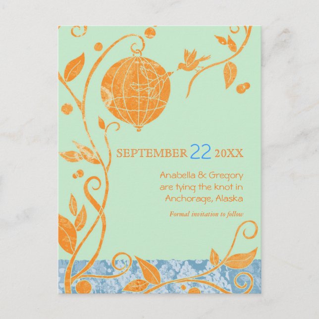 Boho Love Birds Mint Wedding Save the Date Ankündigungspostkarte (Vorderseite)