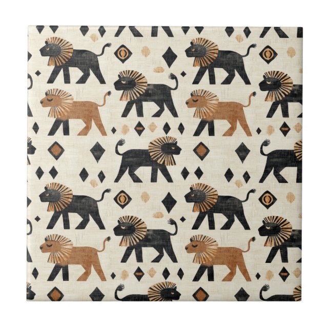 Boho-Löwen-Tribal-Safari-Muster Fliese (Vorderseite)