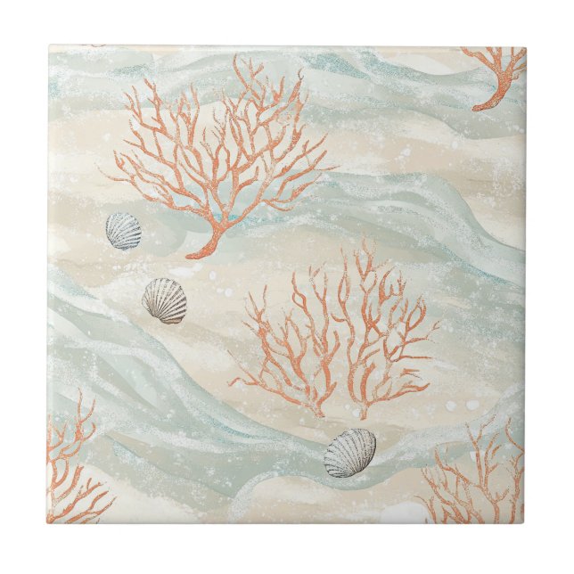 Boho Luxe Wasserfarbe Küstenkorallenmuster (3) Fliese (Vorderseite)