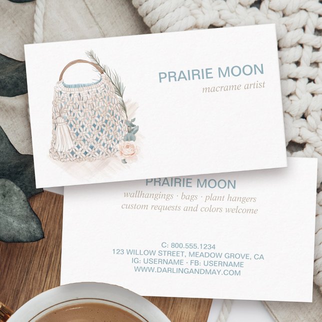Boho Macrame Watercolor Bag Visitenkarte (Boutique business card with boho feminine macrame crochet bag in neutral color story)