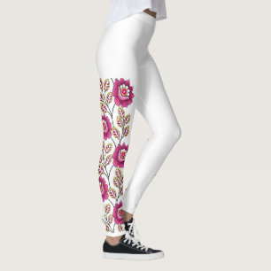 Boho Magenta Blumenreben-Rand Klassisch Weiß Leggings