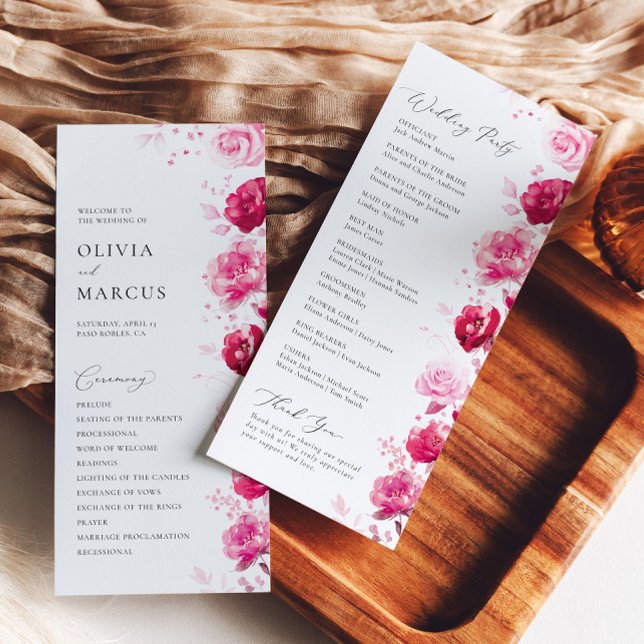 Boho Magenta Hot Pink Floral Elegante Hochzeit Programm (Von Creator hochgeladen)