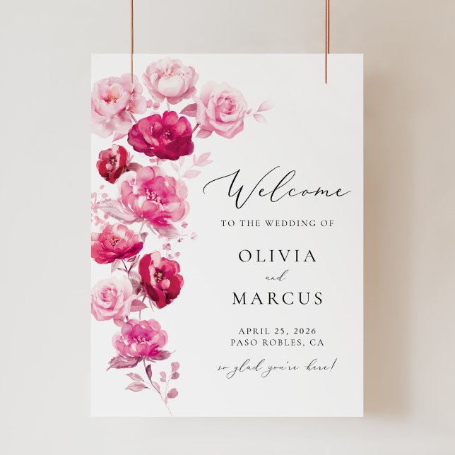 Boho Magenta Hot Pink Floral Wedding Begrüßungszei Poster (Von Creator hochgeladen)
