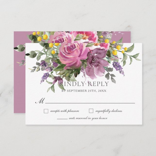 Boho Magenta Lila Pink Mauve Floral Wedding RSVP Karte (Vorne/Hinten)