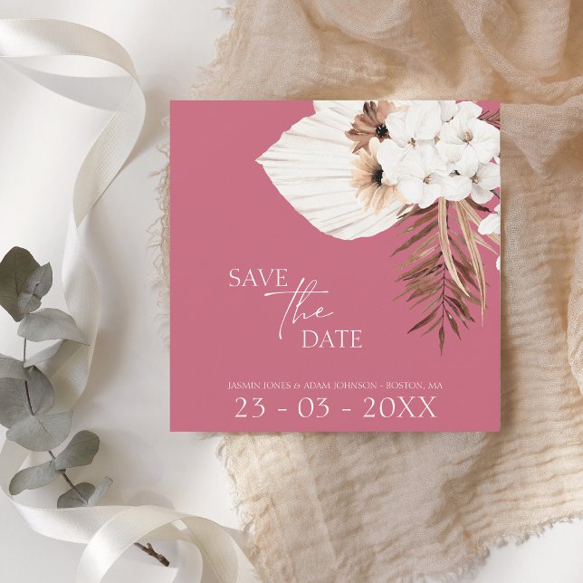 Boho Magenta Pink White Pampas Grass Wedding Save The Date (Von Creator hochgeladen)