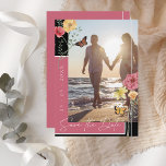Boho Magenta Pink Wildblumen Foto Save the Date<br><div class="desc">Wildblumen Magenta Pink Foto Save the Date Karte. Stilvoll erinnern Sie Ihre Freunde und Familie an Ihren Hochzeitstag, mit dieser Blumenkarte, Fuschia, Wildblumen, Save the Date Foto-Karte, mit einer hübschen, weißen Typografie, über einem markanten magentafarbenen Rosa und Schwarz-Hintergrund, neben einem stilvollen Foto des zukünftigen Ehepaares, das Sie personalisieren können, umgeben...</div>