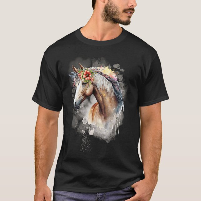 Boho Magisches Pferd mit Blumen Lavendel T-Shirt (Vorderseite)