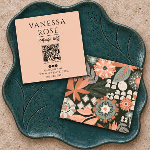 Boho-Makeup-Artist Staubiges Pfirsich-Blumen-QR-Co Quadratische Visitenkarte