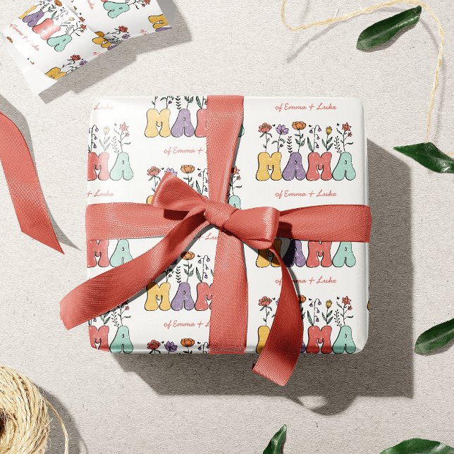 Boho Mama Text mit Blume und Kid Names Muster Geschenkpapier (Von Creator hochgeladen)