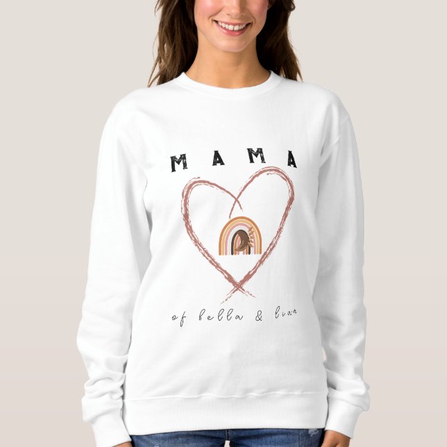 Boho Mama Text w/Moon Feathers Kid Names White Sweatshirt (Vorderseite)