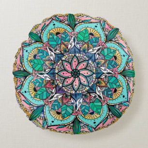 Boho Mandala Colorful Watercolor Floral Rundes Kissen