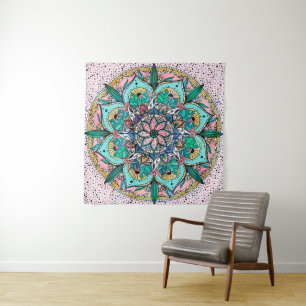 Boho Mandala Colorful Watercolor Floral Wandteppich