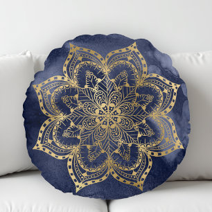 Boho-Mandala Gold Navyblau-Tintenstruktur Rundes Kissen