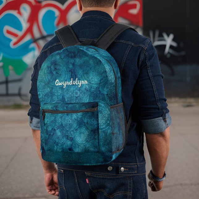 Boho Mandala Marled Aquamarin Blue Green Monogram Bedruckter Rucksack (Von Creator hochgeladen)