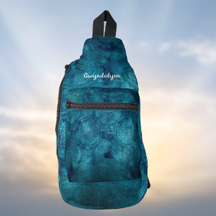 Boho Mandala Mehrfarbig Teal Blau Grün Monogramm Crossbody Bag