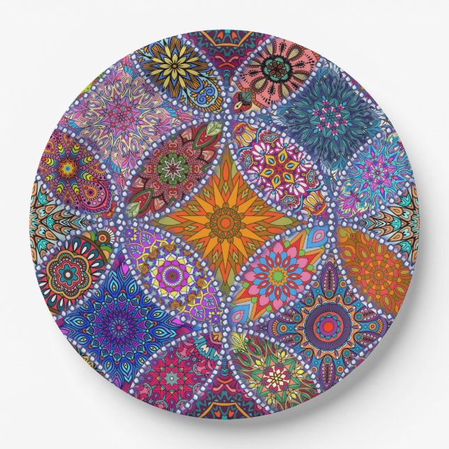 Boho Mandala Muster farbenfrohe Hippie Retro Vinta Pappteller (Vorderseite)
