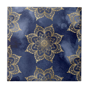 Boho Mandala Muster Gold Navy Blue Ink Textur Fliese