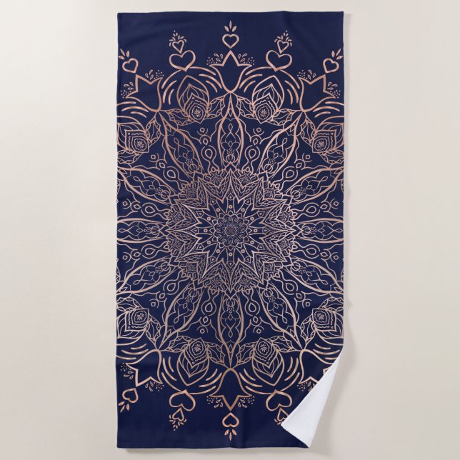 Boho Mandala Navy Blue Rose Gold Blume Strandtuch (Vorderseite)