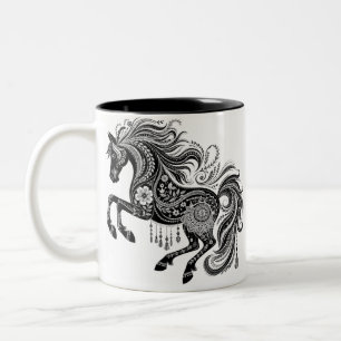 Boho-Mandala-Pferd Verzierte Florale Kunst Kaffeet Zweifarbige Tasse