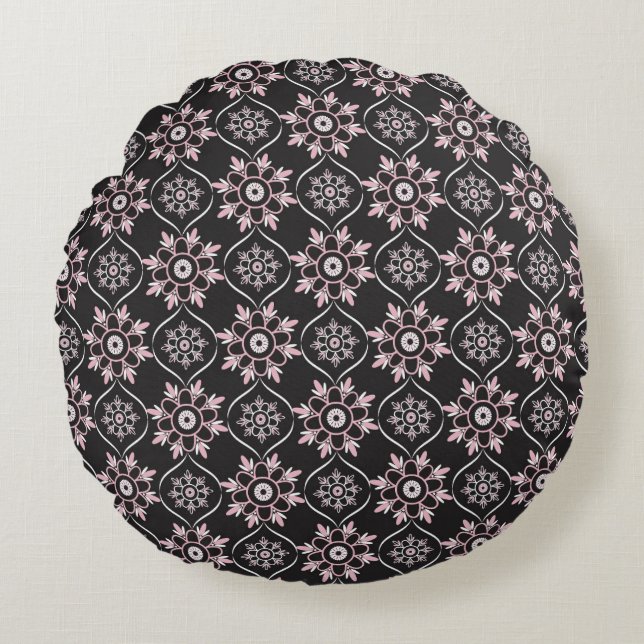 Boho Mandala Pink & Black Rundes Kissen (Vorderseite)