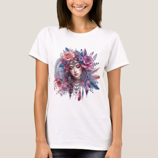 Boho Mandala T-Shirt – Floral Feathers  (Vorderseite)