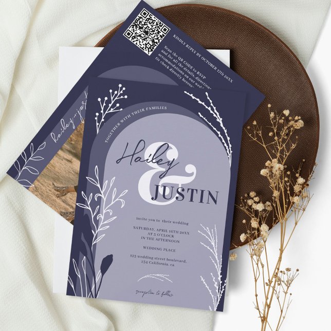 Boho Marine Blue Foto Namen Drehbuch Bogen Hochzei Einladung (Von Creator hochgeladen)