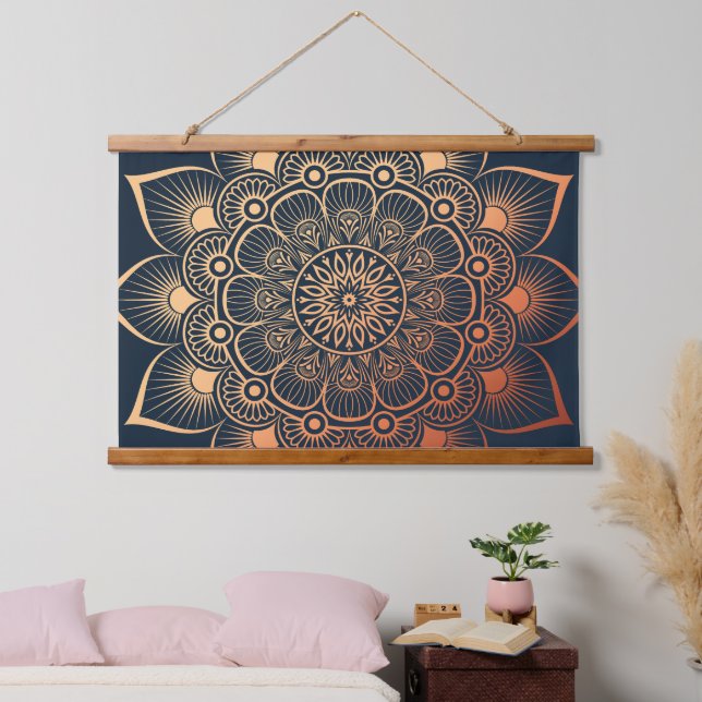 Boho Marine Blue Peach Mandala Wood Topped Wandteppich Mit Holzrahmen (Schlafzimmer)