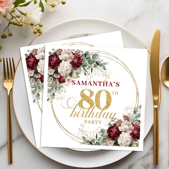 Boho Marone Blumen Gold 80. Geburtstag Servietten (Boho Maroon Floral Gold 80th Birthday Napkins)