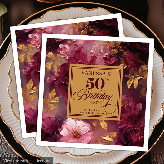 Boho Maroon Blush Gold 50. Geburtstag Napkin Serviette (Lovely Boho Maroon Blush Gold 50th Birthday Napkin)