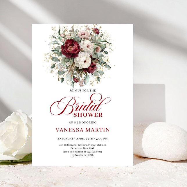 Boho Maroon Floral Bridal Shower Invitation Einladung (Boho Maroon Floral Bridal Shower Invitation)