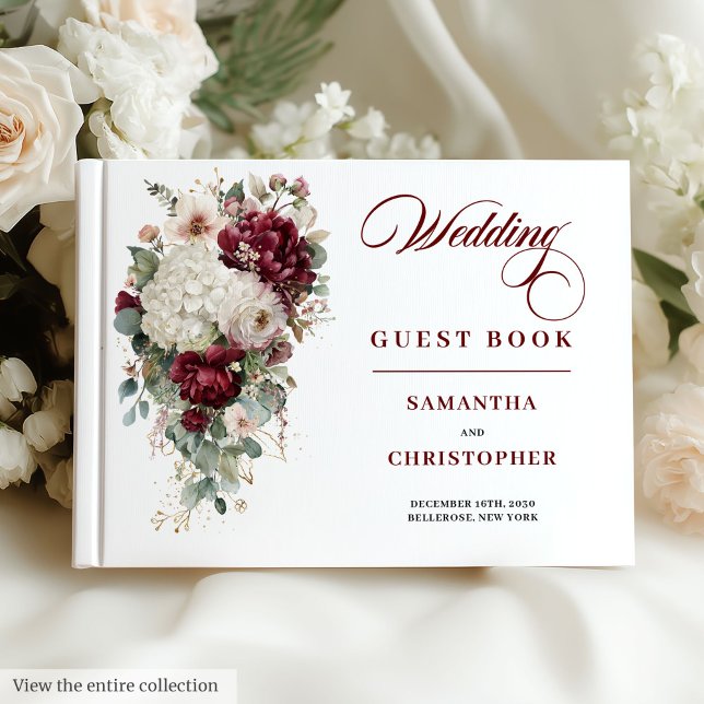 Boho-Maroon-Rose Hochzeitsgast-Buch Gästebuch (Boho maroon white gold roses wedding guest book

)
