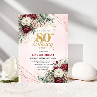 Boho Marsala Blumen Eukalyptus 80. Geburtstag Einladung