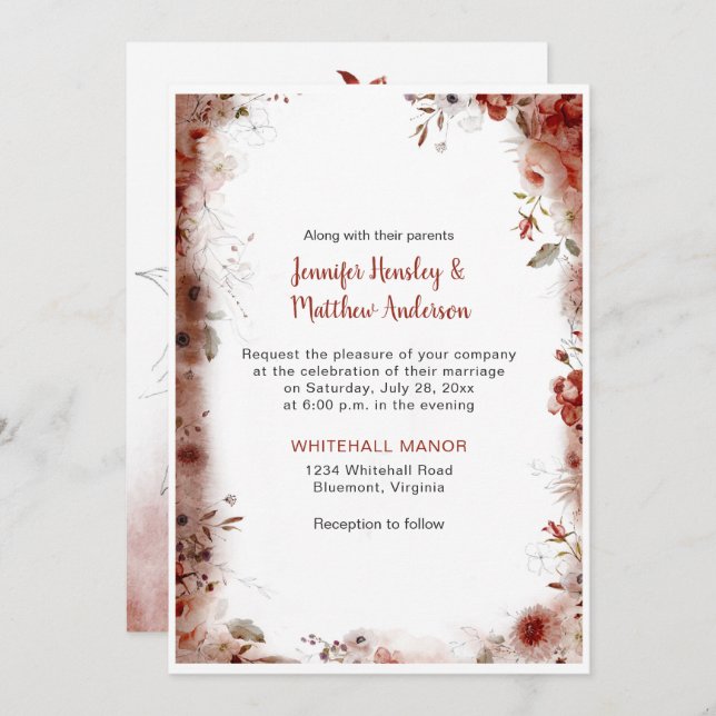 Boho Marsala Burgundy Floral Watercolor Wedding Einladung (Vorne/Hinten)