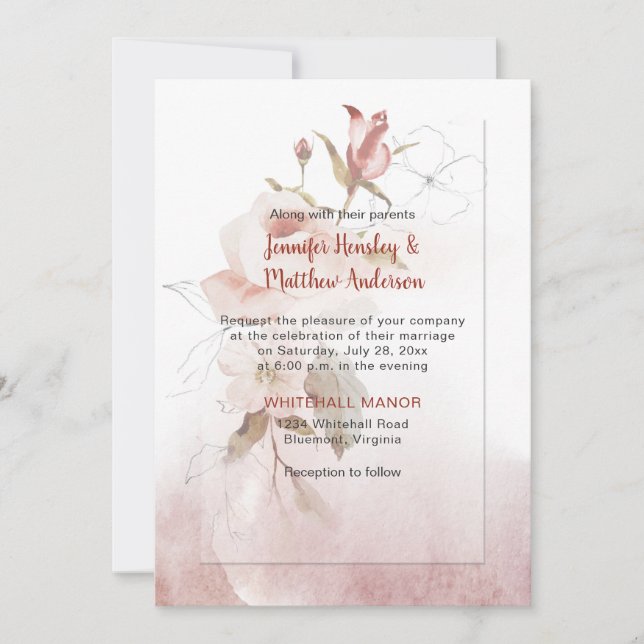 Boho Marsala Burgundy Floral Watercolor Wedding Einladung (Vorderseite)