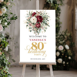 Boho Marsala Floral 80. Geburtstags Willkommenssch Poster