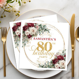 Boho Marsala Floral Gold 80. Geburtstag Servietten