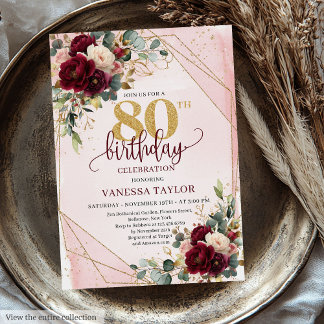 Boho Marsala Gold Blume 80. Geburtstag Einladung