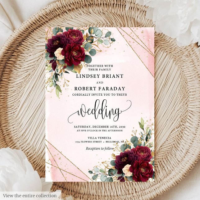 Boho Marsala Gold Blush Blume Hochzeit Einladung (Stylish Boho Marsala Gold Blush Flowers Wedding Invitation)