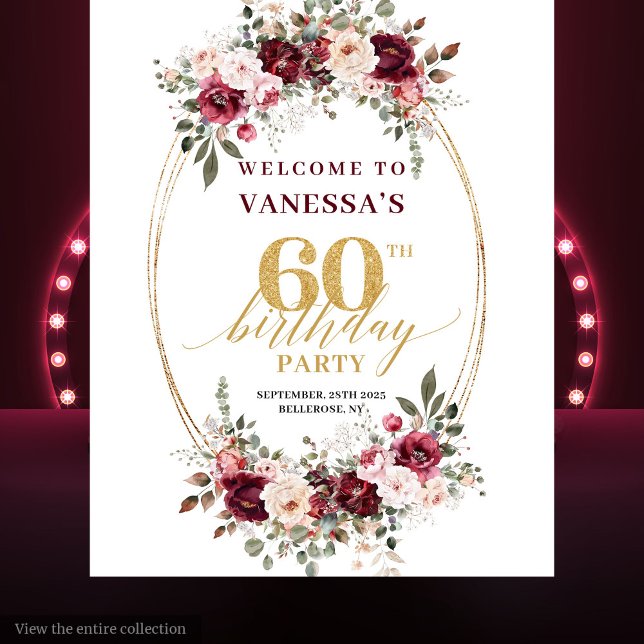 Boho Marsala Gold Floral Burgundy 60th Birthday  Wandteppich (Boho Marsala Gold Floral Burgundy 60th Birthday Banner)