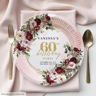 Boho Marsala Gold Rosen Elegant 60. Geburtstag Pappteller