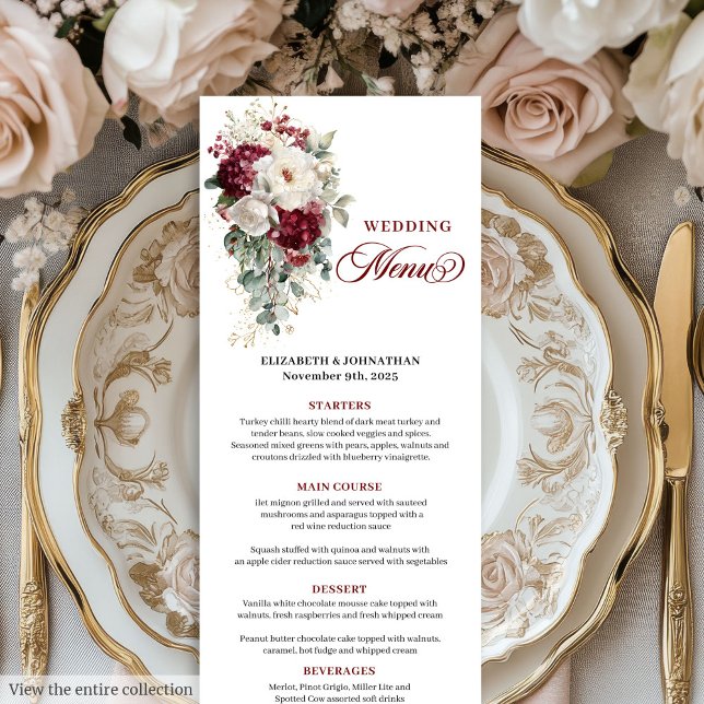 Boho Marsala Weißgold Blumenkarte für Hochzeiten Menükarte (Boho marsala white gold floral wedding menu card

)